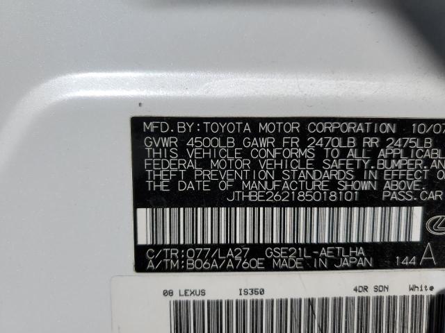 Photo 10 from auction – 2008 LEXUS IS 350 with VIN JTHBE262185018101
