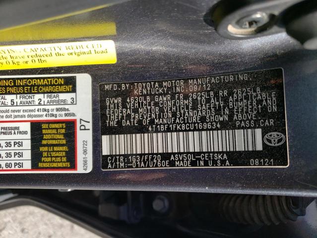 Photo 10 from auction – 2012 TOYOTA CAMRY BASE with VIN 4T1BF1FK8CU169634