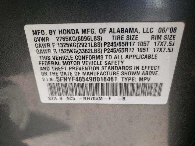 Photo 10 from auction – 2009 HONDA PILOT EXL with VIN 5FNYF48549B018461