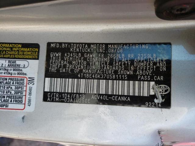 Photo 10 from auction – 2007 TOYOTA CAMRY CE with VIN 4T1BE46K37U581115