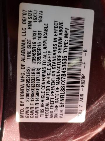 Photo 10 from auction – 2007 HONDA ODYSSEY EX with VIN 5FNRL387X7B453636
