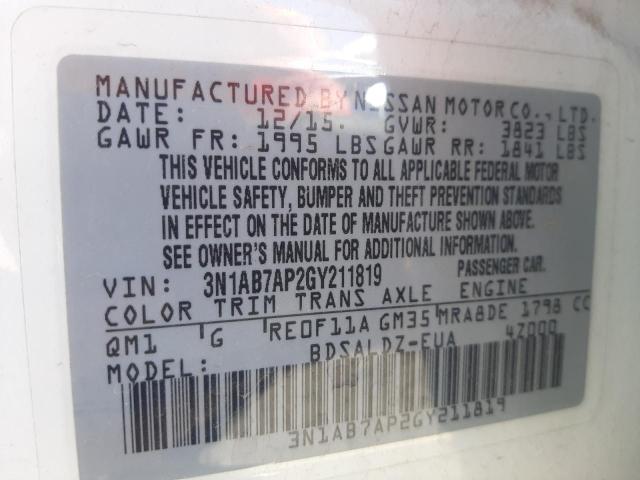 Photo 10 from auction – 2016 NISSAN SENTRA S with VIN 3N1AB7AP2GY211819