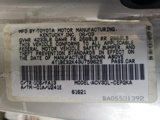 Photo 10 from auction – 2003 TOYOTA CAMRY LE with VIN 4T1BE32K43U759625
