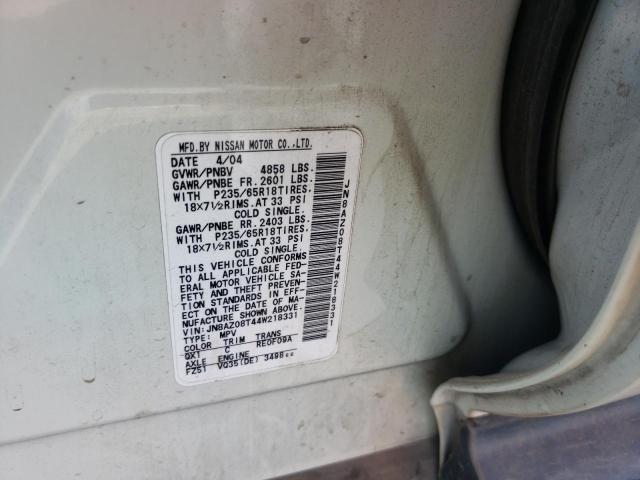Photo 10 from auction – 2004 NISSAN MURANO SL with VIN JN8AZ08T44W218331