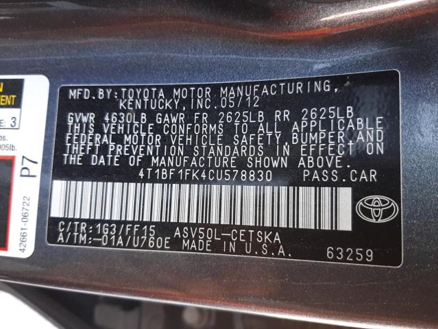 Photo 10 from auction – 2012 TOYOTA CAMRY BASE with VIN 4T1BF1FK4CU578830