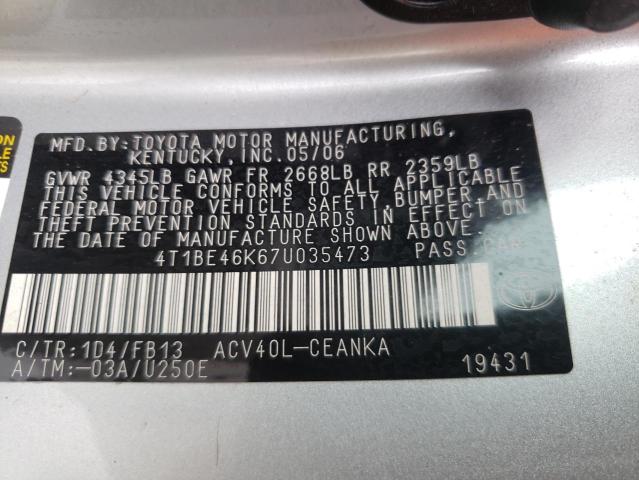 Photo 10 from auction – 2007 TOYOTA CAMRY CE with VIN 4T1BE46K67U035473