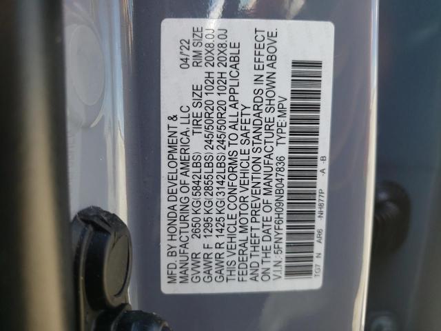 Photo 10 from auction – 2022 HONDA PILOT ELIT with VIN 5FNYF6H09NB047836