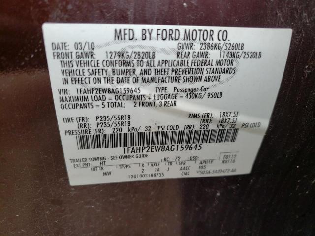 Photo 10 from auction – 2010 FORD TAURUS SEL with VIN 1FAHP2EW8AG159645