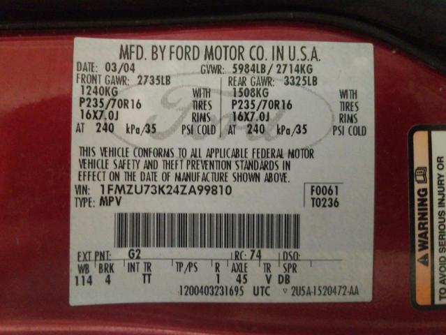 Photo 10 from auction – 2004 FORD EXPLORER X with VIN 1FMZU73K24ZA99810