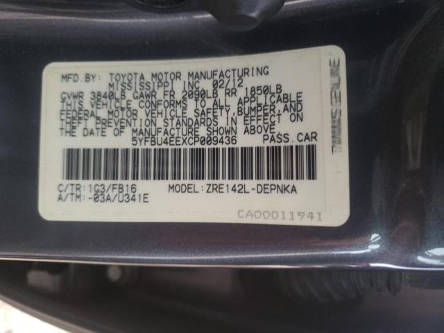 Photo 10 from auction – 2012 TOYOTA COROLLA BA with VIN 5YFBU4EEXCP009436