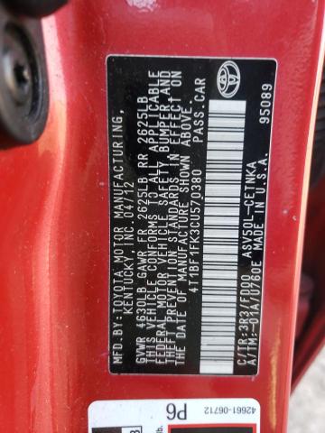 Photo 10 from auction – 2012 TOYOTA CAMRY BASE with VIN 4T1BF1FK3CU570380