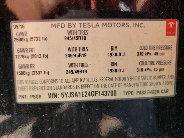 Photo 10 from auction – 2016 TESLA MODEL S with VIN 5YJSA1E24GF143700