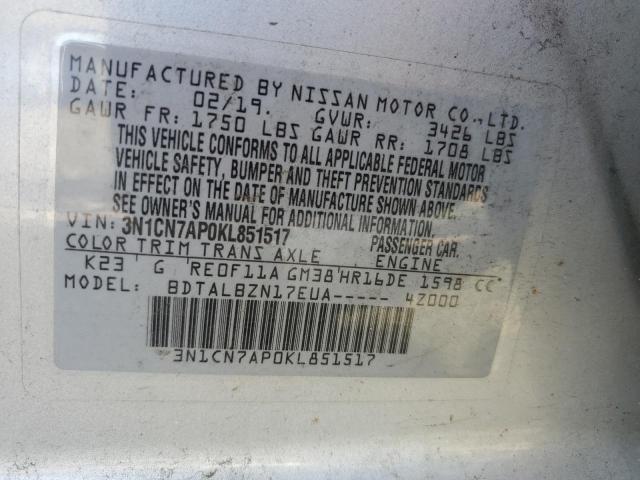 Photo 10 from auction – 2019 NISSAN VERSA S with VIN 3N1CN7AP0KL851517