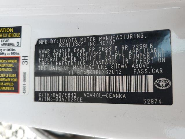 Photo 10 from auction – 2008 TOYOTA CAMRY CE with VIN 4T1BE46K98U762012