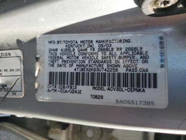Photo 10 from auction – 2003 TOYOTA CAMRY LE with VIN 4T1BE32K63U742258