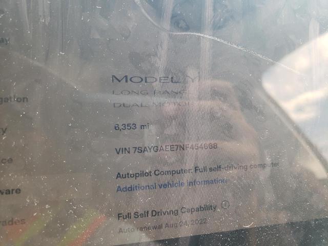 Photo 8 from auction – 2022 TESLA MODEL Y with VIN 7SAYGAEE7NF454668