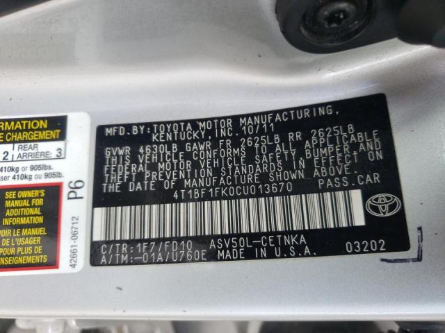 Photo 10 from auction – 2012 TOYOTA CAMRY BASE with VIN 4T1BF1FK0CU013670