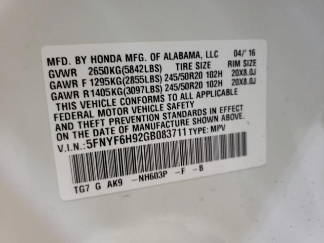 Photo 10 from auction – 2016 HONDA PILOT TOUR with VIN 5FNYF6H92GB083711