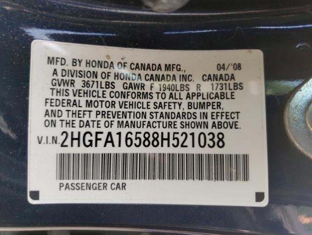 Photo 10 from auction – 2008 HONDA CIVIC LX with VIN 2HGFA16588H521038