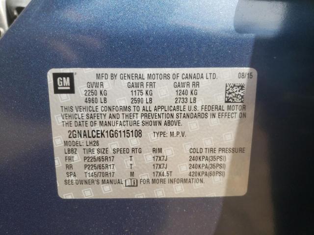 Photo 10 from auction – 2016 CHEVROLET EQUINOX LT with VIN 2GNALCEK1G6115108