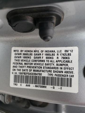 Photo 10 from auction – 2012 HONDA CIVIC with VIN 19XFB2F5XCE094760