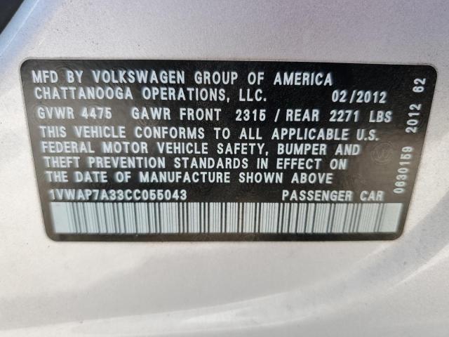 Photo 10 from auction – 2012 VOLKSWAGEN PASSAT S with VIN 1VWAP7A33CC055043