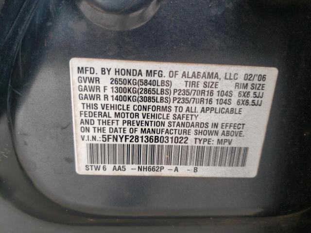 Photo 10 from auction – 2006 HONDA PILOT LX with VIN 5FNYF28136B031022