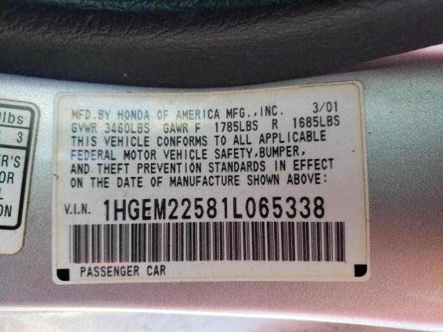 Photo 10 from auction – 2001 HONDA CIVIC LX with VIN 1HGEM22581L065338