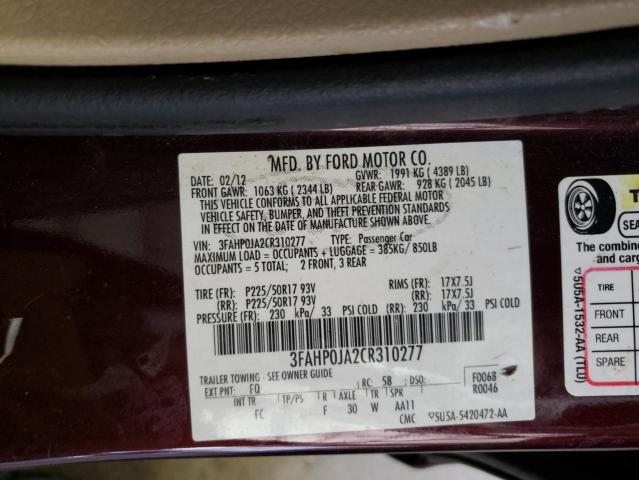 Photo 10 from auction – 2012 FORD FUSION SEL with VIN 3FAHP0JA2CR310277