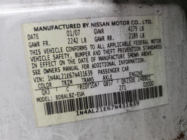 Photo 10 from auction – 2007 NISSAN ALTIMA with VIN 1N4AL21E67N431639