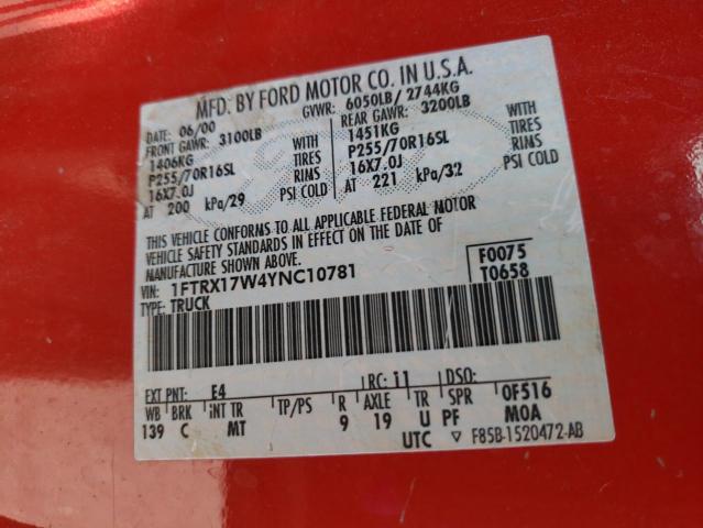 Photo 10 from auction – 2000 FORD F150 with VIN 1FTRX17W4YNC10781