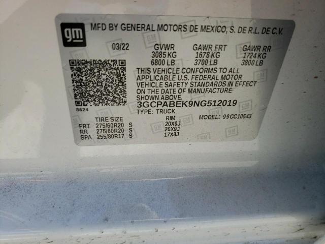 Photo 10 from auction – 2022 CHEVROLET SILVERADO with VIN 3GCPABEK9NG512019