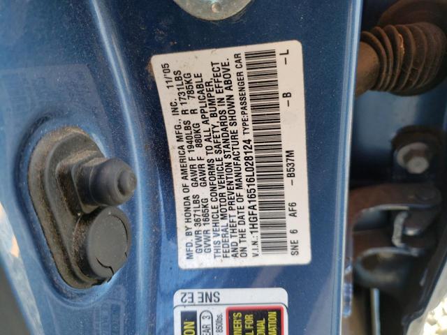 Photo 10 from auction – 2006 HONDA CIVIC LX with VIN 1HGFA16516L028124