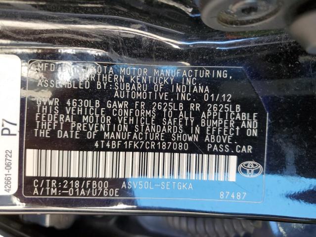 Photo 10 from auction – 2012 TOYOTA CAMRY BASE with VIN 4T4BF1FK7CR187080