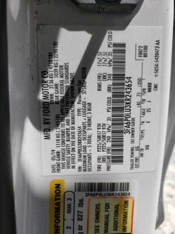 Photo 10 from auction – 2019 FORD FUSION SE with VIN 3FA6P0LU3KR243654