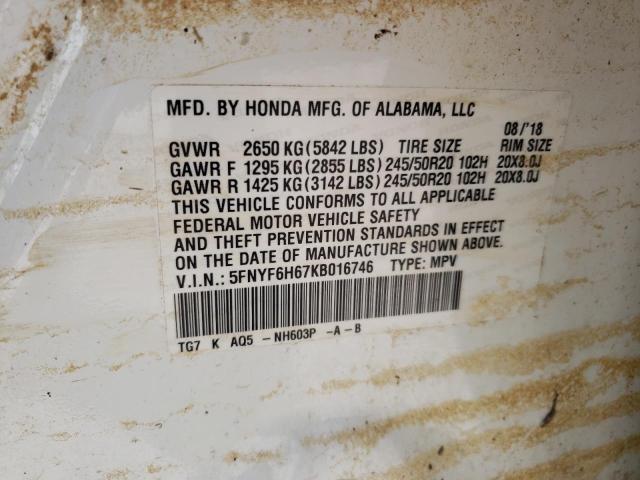 Photo 10 from auction – 2019 HONDA PILOT TOUR with VIN 5FNYF6H67KB016746