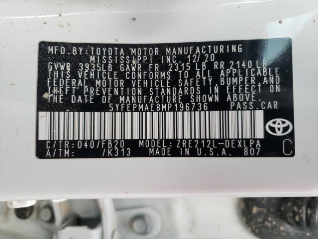 Photo 10 from auction – 2021 TOYOTA COROLLA LE with VIN 5YFEPMAE8MP196736