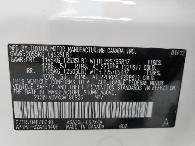 Photo 10 from auction – 2012 TOYOTA RAV4 with VIN 2T3BF4DVXCW186926