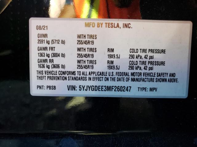 Photo 10 from auction – 2021 TESLA MODEL Y with VIN 5YJYGDEE3MF260247