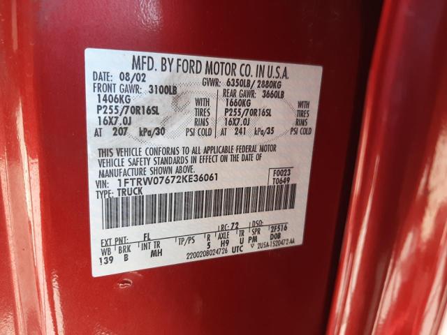 Photo 10 from auction – 2002 FORD F150 SUPER with VIN 1FTRW07672KE36061
