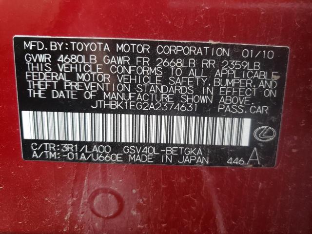 Photo 10 from auction – 2010 LEXUS ES 350 with VIN JTHBK1EG2A2374631