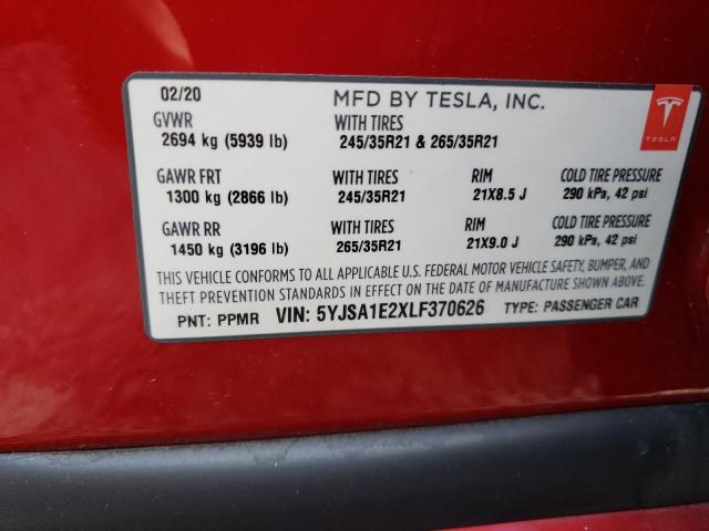 Photo 10 from auction – 2020 TESLA MODEL S with VIN 5YJSA1E2XLF370626