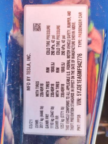 Photo 10 from auction – 2021 TESLA MODEL 3 with VIN 5YJ3E1EA6MF942776