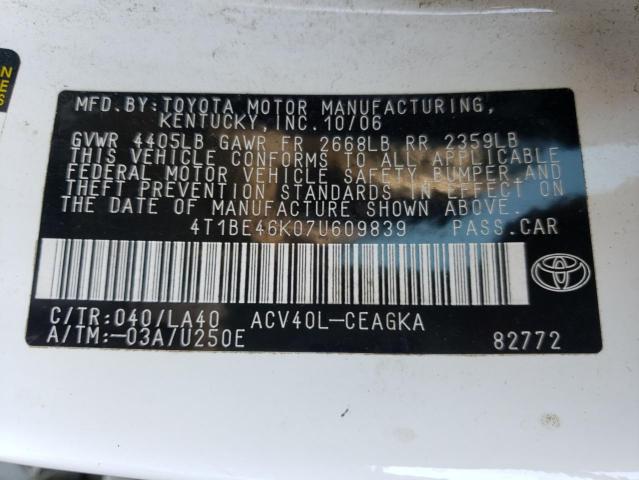 Photo 10 from auction – 2007 TOYOTA CAMRY CE with VIN 4T1BE46K07U609839