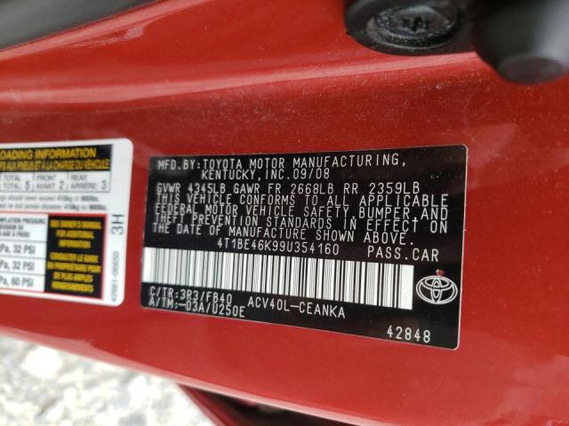 Photo 10 from auction – 2009 TOYOTA CAMRY BASE with VIN 4T1BE46K99U354160