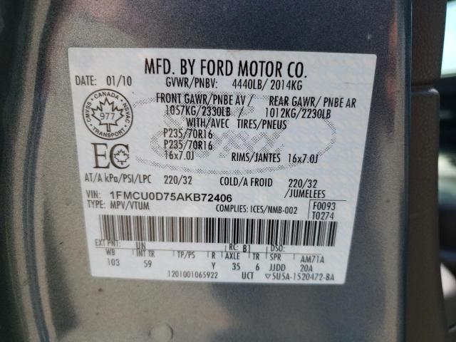 Photo 10 from auction – 2010 FORD ESCAPE XLT with VIN 1FMCU0D75AKB72406
