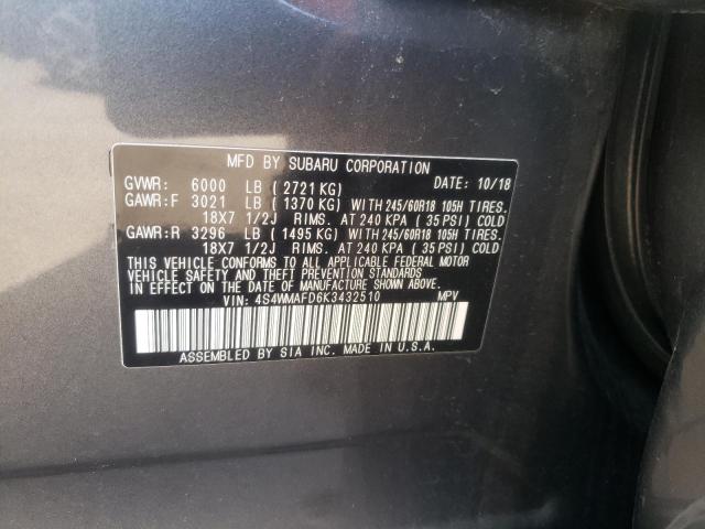Photo 10 from auction – 2019 SUBARU ASCENT PRE with VIN 4S4WMAFD6K3432510