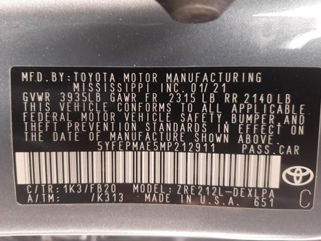 Photo 10 from auction – 2021 TOYOTA COROLLA LE with VIN 5YFEPMAE5MP212911