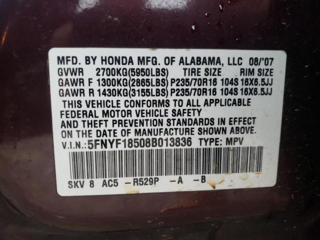 Photo 10 from auction – 2008 HONDA PILOT EXL with VIN 5FNYF18508B013836