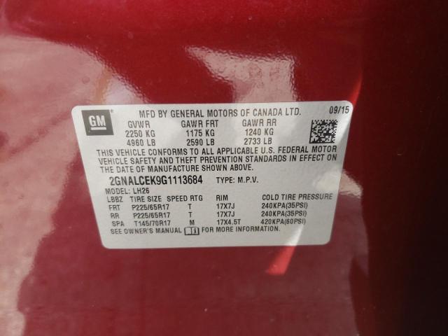 Photo 10 from auction – 2016 CHEVROLET EQUINOX LT with VIN 2GNALCEK9G1113684